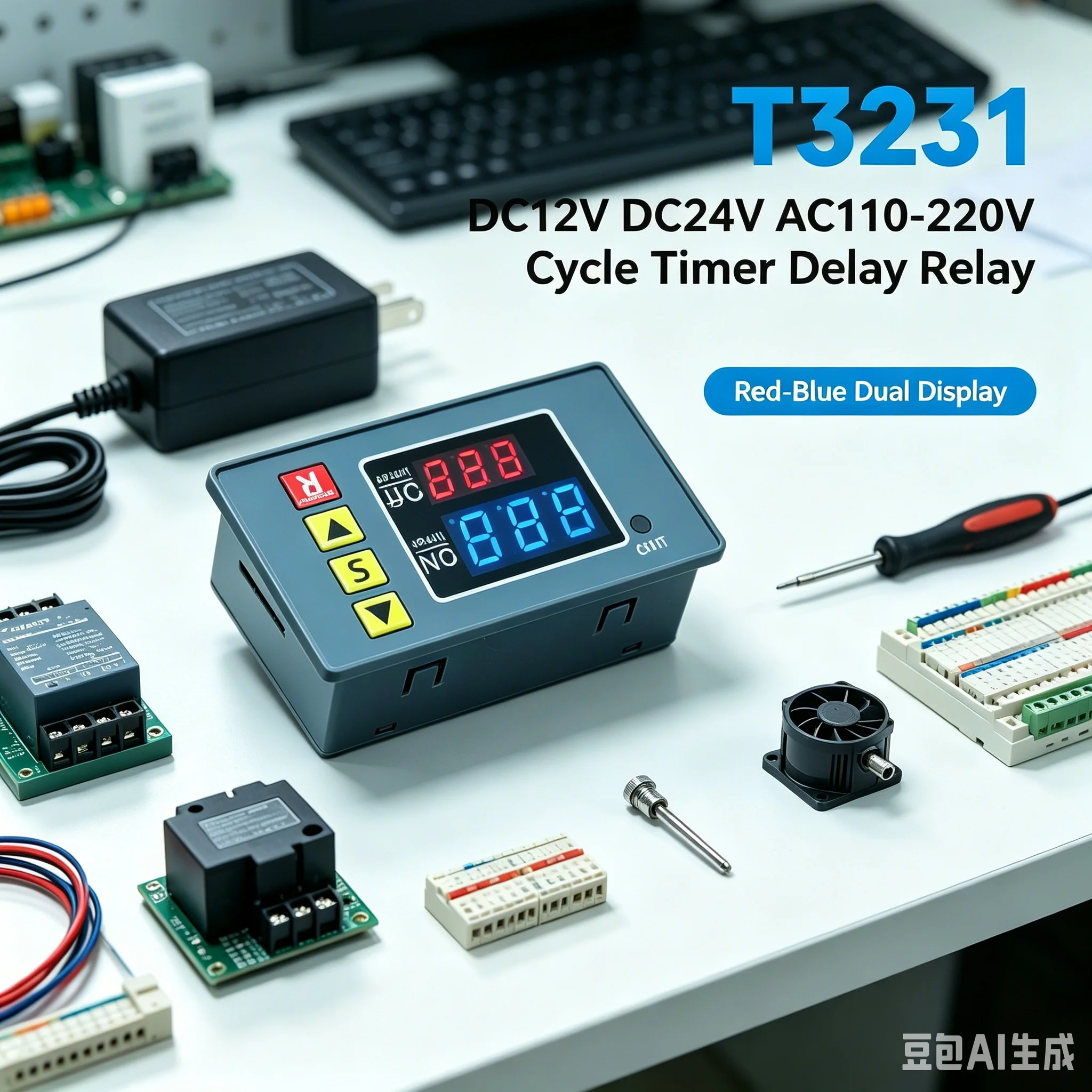 T3231 DC 12V 24V AC 110-220V Digital Time Delay Relay Module Cycle Delay Timer Red Blue Dual Display Timing Relay Switch for Car