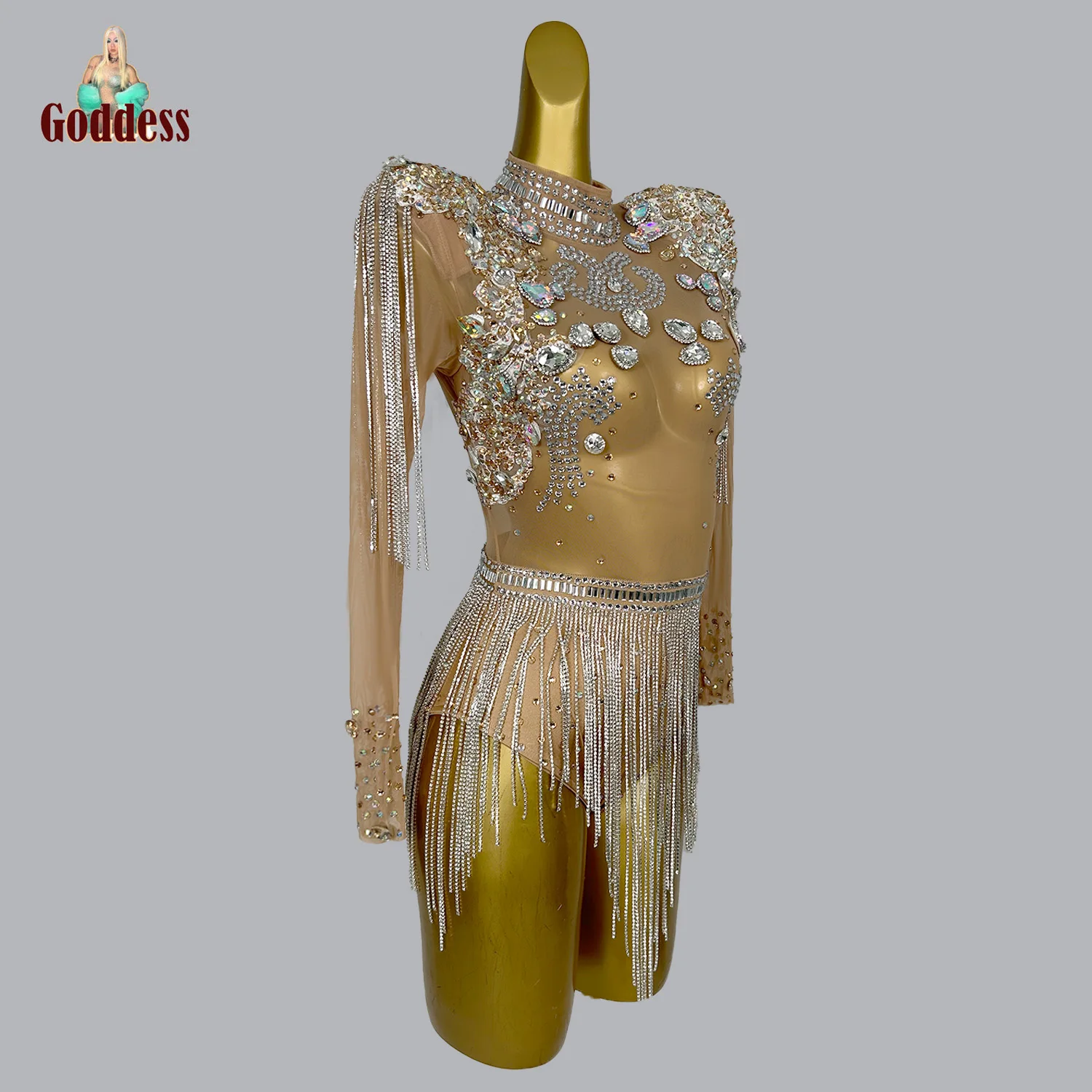 Luxe Strass Latino Dance Leotard Sexy Strass Kwastje Bodysuit Podiumshow Dames Bodysuit Casual Verjaardagsfeestjurk