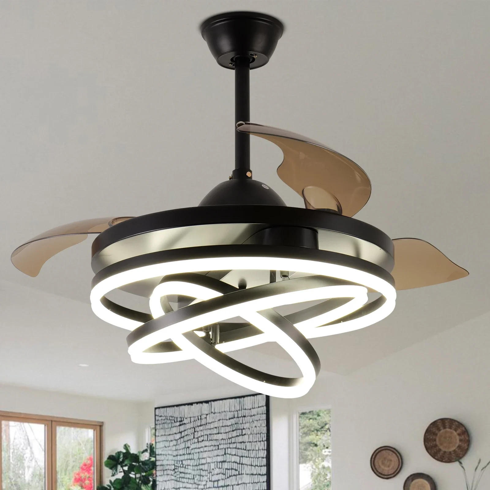 Modern 42''  Crystal Black Chandelier Ceiling Fans with Lights Remote Control for Living Room and Bedroom Decor