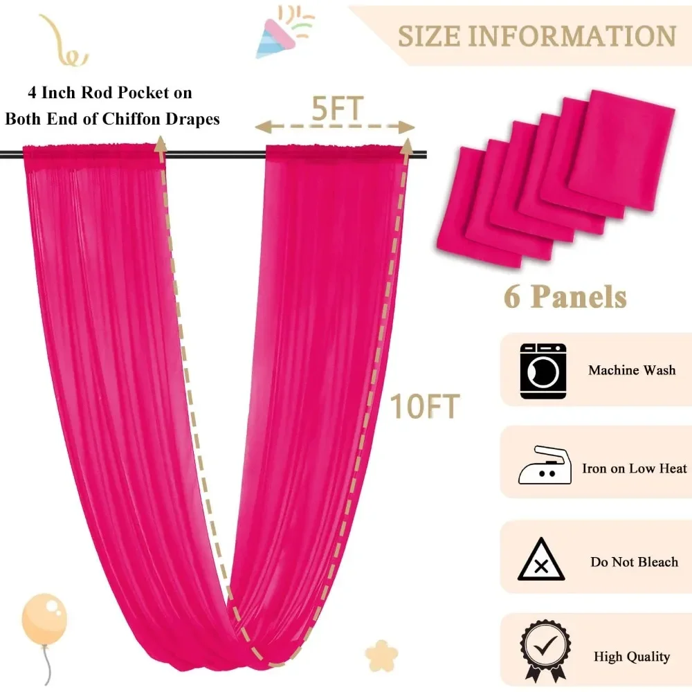 5FTx10FT Ceiling Drapes for Wedding, Semi Sheer Arch Chiffon Fabric Drapery, 6 Panels Ceiling Drapes