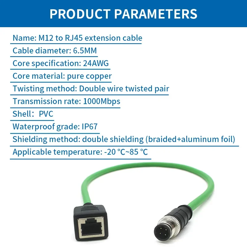 IP67 M12 8Pin X-type to RJ45 Female Head Gigabit Ethernet Extension Cable 4Pin D-type Male A-code Waterproof Connector 1-30M