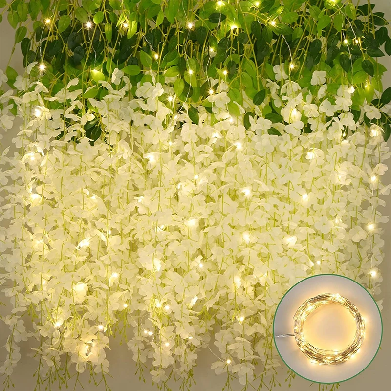 5/10Pcs 110cm Artificial Hanging Flower White Silk Wisteria Vine with Lights Garland for Aesthetic Room Party Garden Home Decor