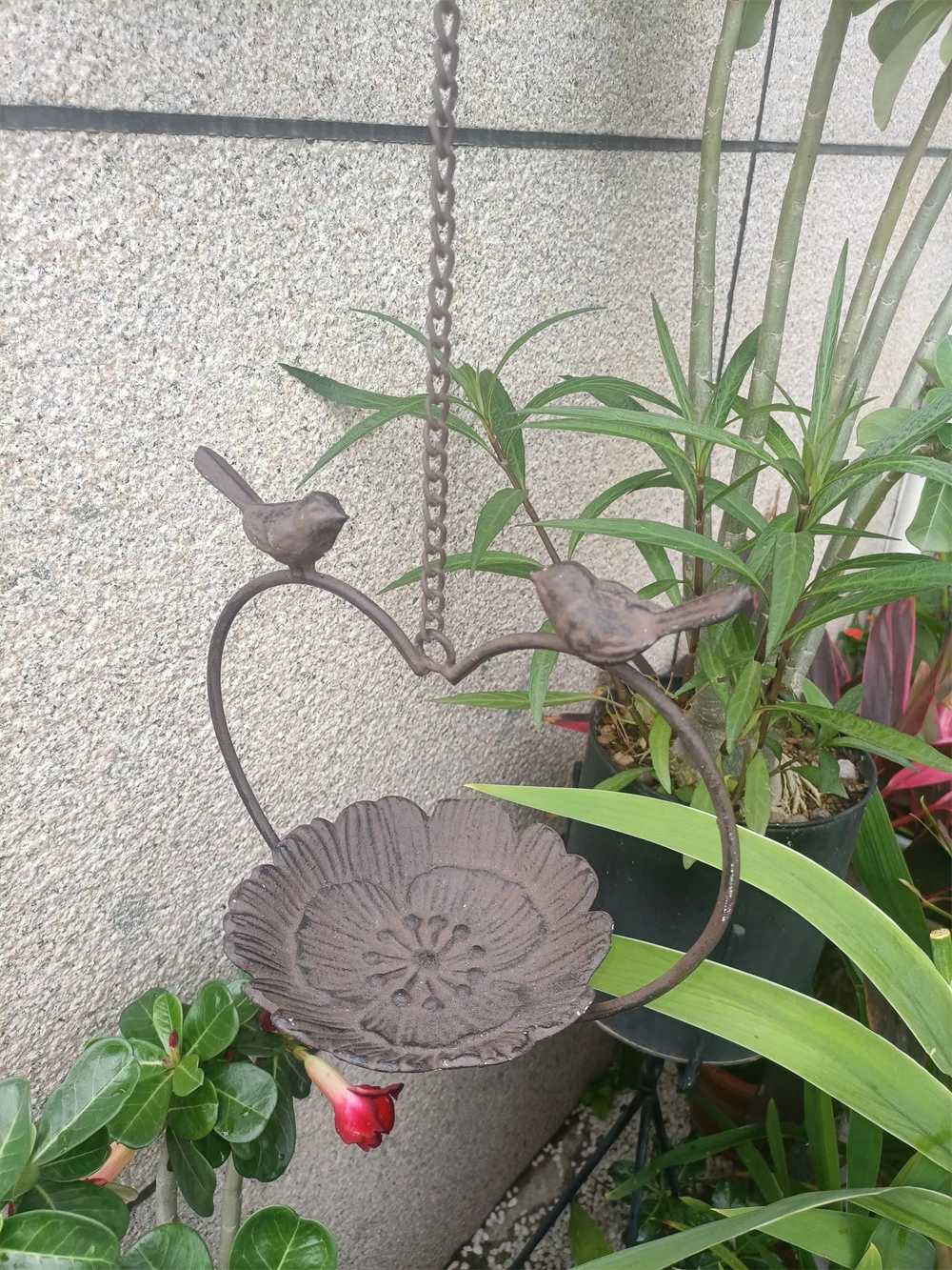 Antique Cast Iron Hanging Bird Feeder Birdbath Heart Handle Outline Design Vintage Garden Decor