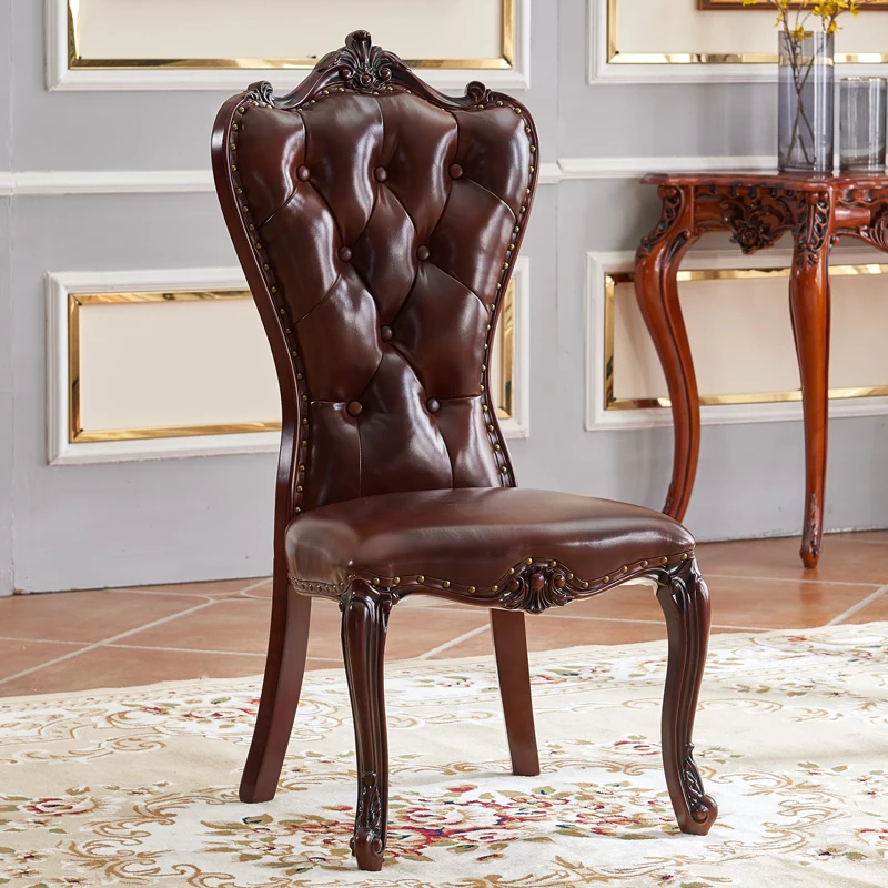 European style Leather solid wood chair with Backrest French retro wooden chair for living room bedroom home