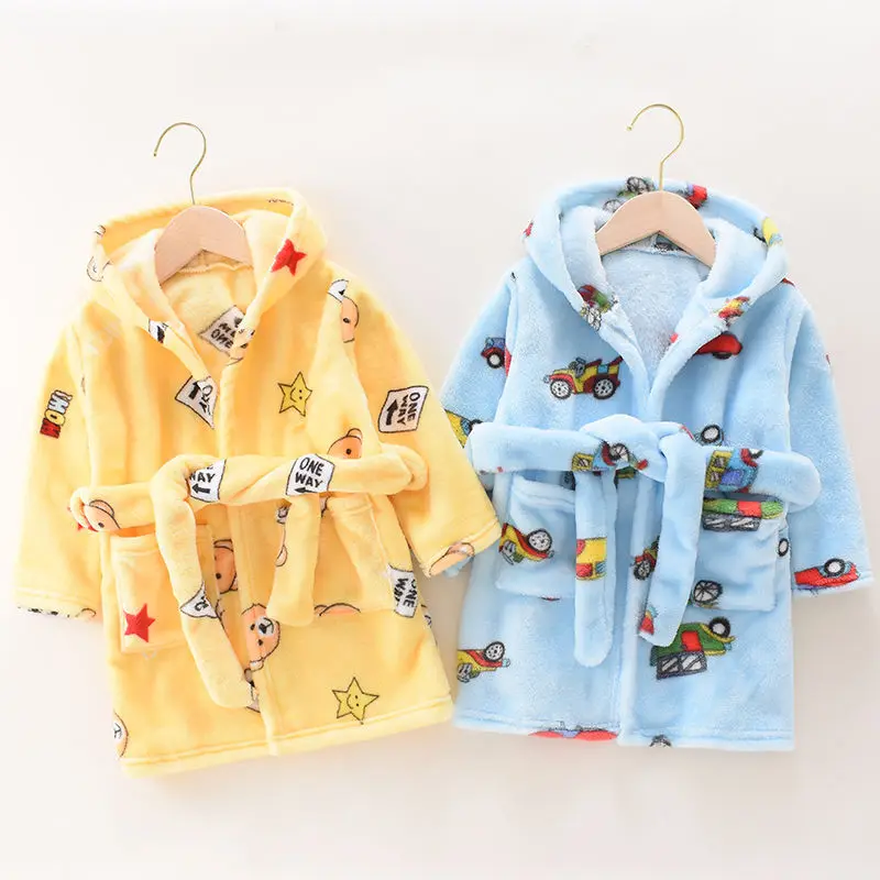 Medium Children Hooded Coral Fleece Bathrobe Pajamas Flannel Long Nightgown Homewear