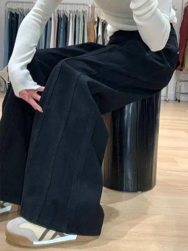 

Свободные джинсы на флисовой подкладке для женщин больших размеров, черные широкие брюки с высокой талией, прямые брюки, осенне-зимняя мода