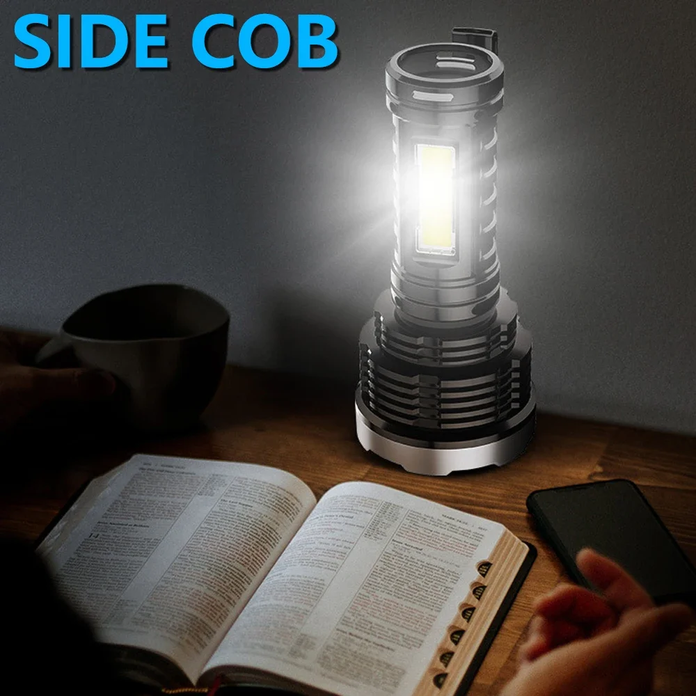LED Flashlight USB Rechargeable Super Bright Handlight with COB Work Light Waterproof 4 Modes Portable Torch for Camping Lantern
