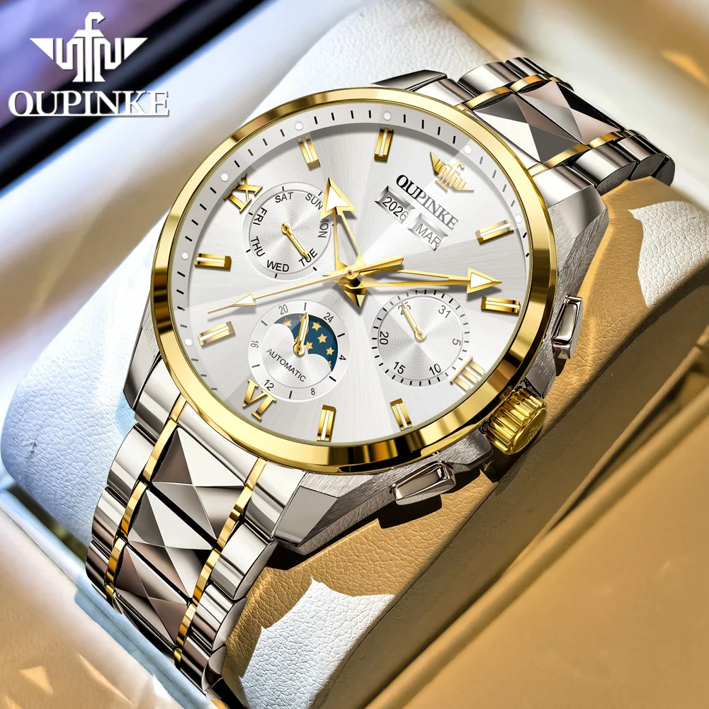OUPINKE Luxe heren automatisch mechanisch polshorloge Zakelijk Waterdicht Maanfase Datum Week Reloj Mecánico Hombre 시계 남성용 3325