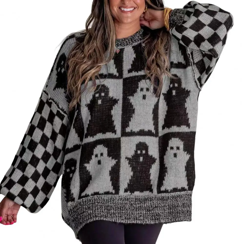 Halloween Spooky Sweater Plaid Pumpkin Ghost Pattern Knitting Tops Crew Neck Long Sleeve Pullover Tops Knitwear