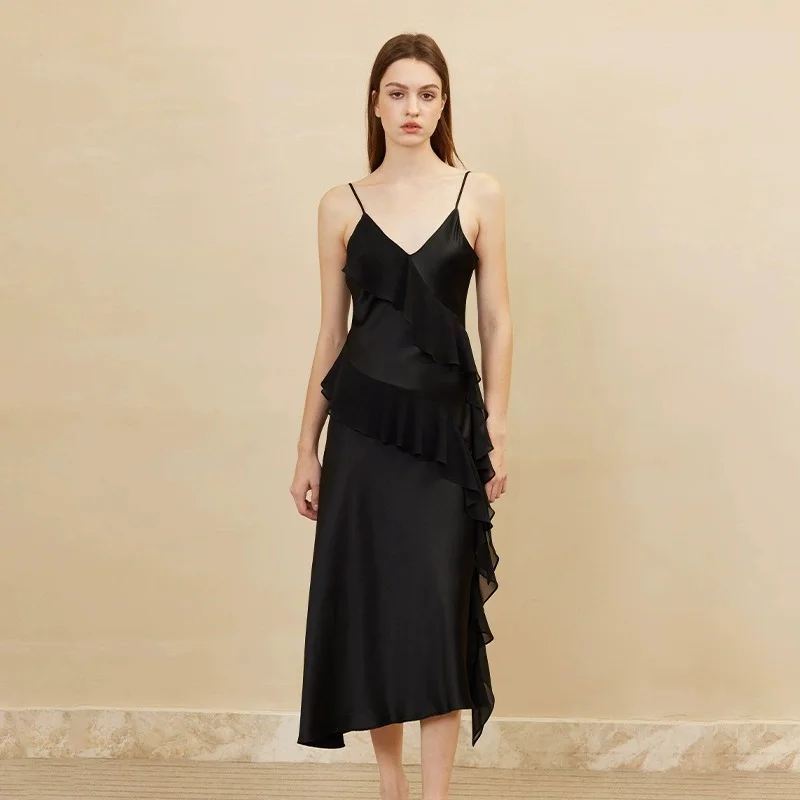 

100% Mulberry Silk Long Slip Dress - Ruffled Panel Design, Elegant Style, Perfect for Summer Outer Wear