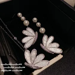 Women Mother-of-pearl Butterfly Gemstone Necklace Pearl Earrings Set 2025