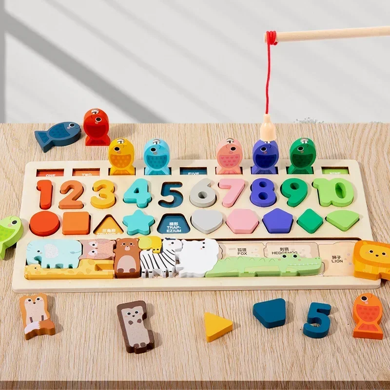 Kids Montessori Math Toys for Toddlers Educational Wooden Puzzle Fishing Toys Count Number Shape Matching Sorter Games Board Toy