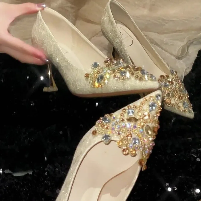 

Women's French Pointed Toe Non-Tired Foot Crystal Shoes Rhinestone Square Buckle Sequin Bridesmaid Shoes