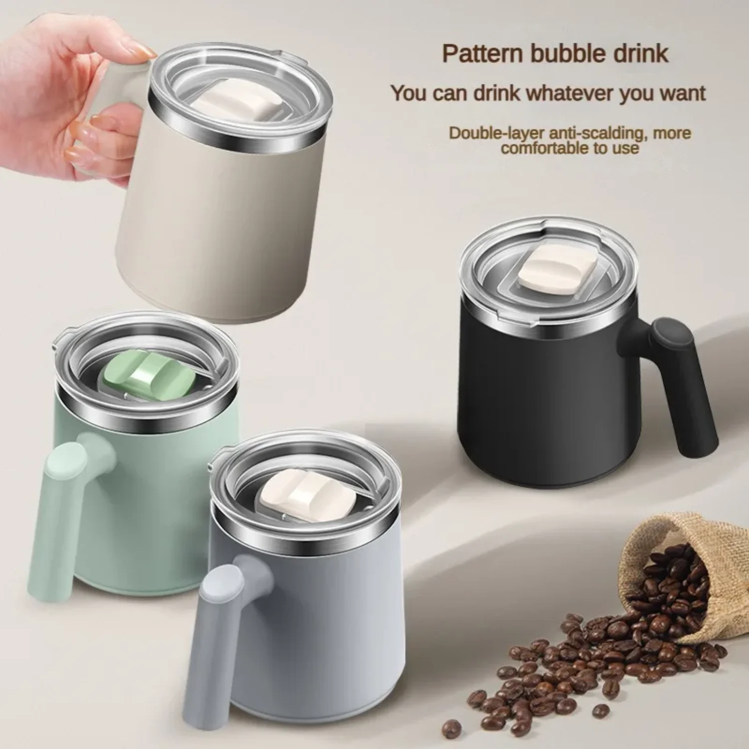 Double-layer Anti-scalding Coffee Mug 304 Stainless Steel Water Cup with Handle and Cover Portable Leak-proof Cups and Mugs