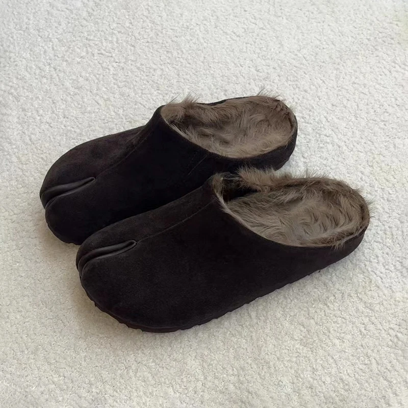 

Split-Toe Frosted Leather Velvety Half Slippers Versatile Soft Leather Warm Niche Mules Slip-On Women's Shoes Chaussure Femme