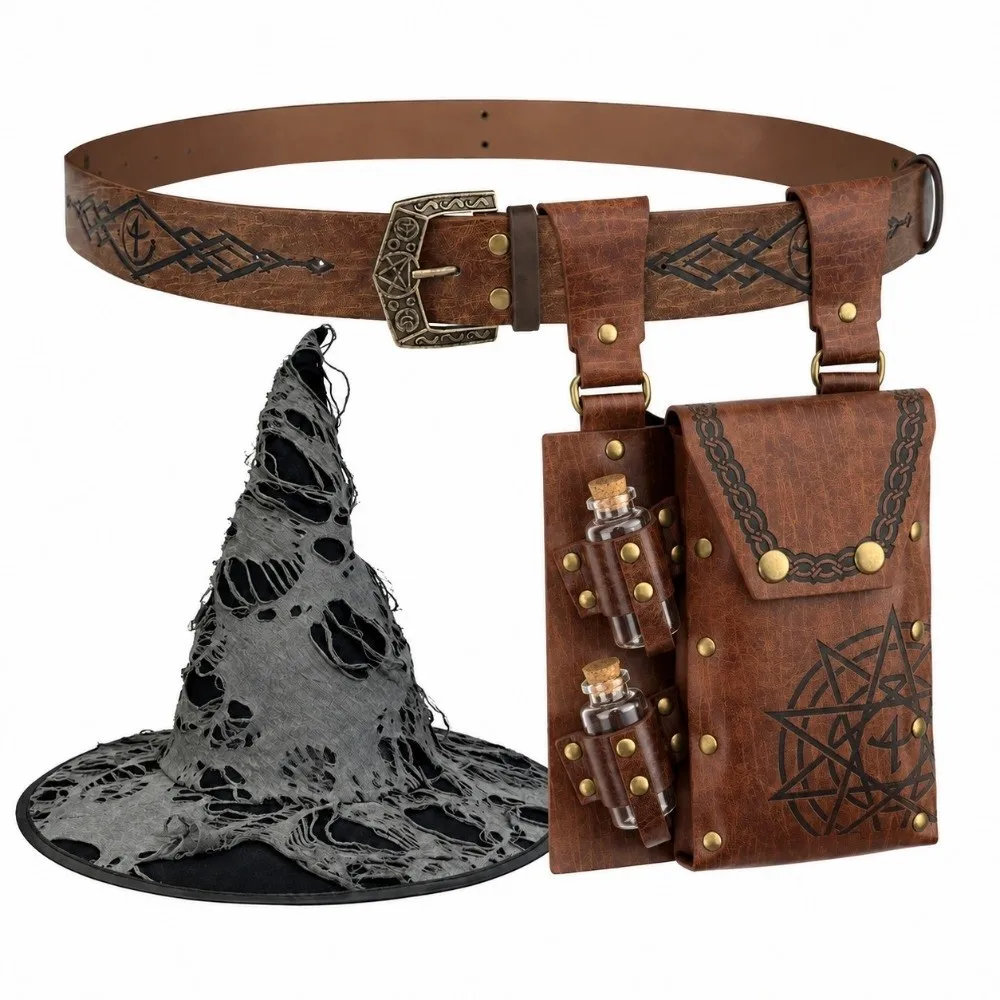 2/3/4pcs Embossed Medieval Wizard Cosplay Set Vintage with Potion Bottles Medieval Leather Pendant PU Knight Torn Witch Hat