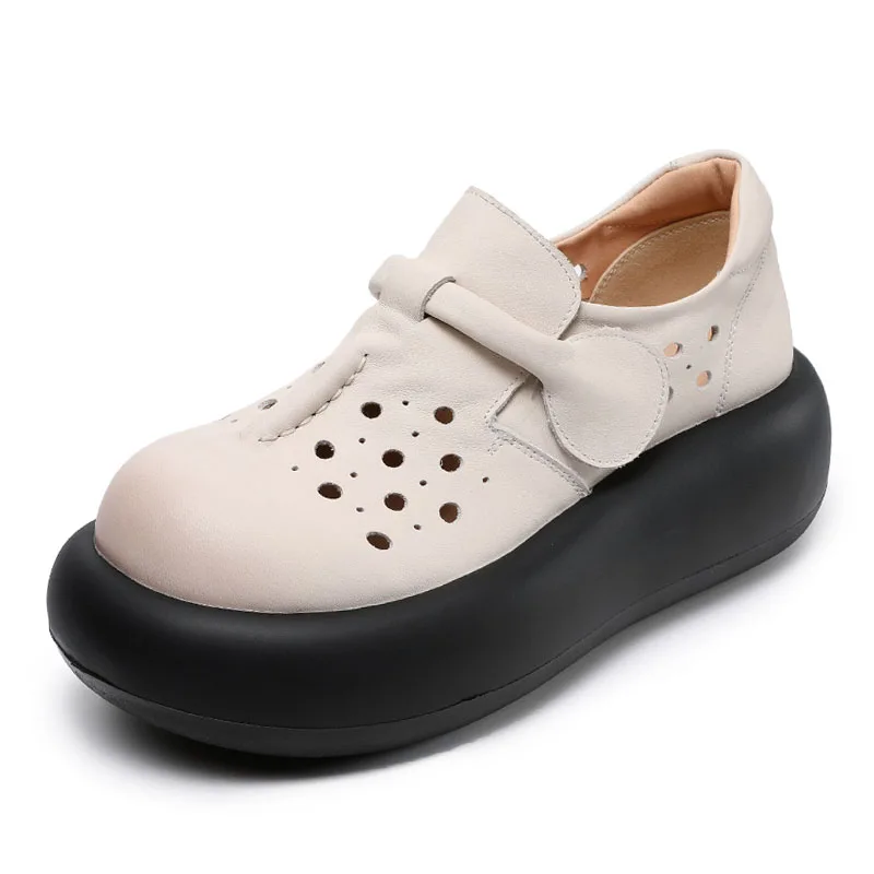 DRKANOL Handmade Retro Style Genuine Leather Wedges Heel Shoes Women Summer Hollow Out Breathable Chunky Platform Casual Loafers
