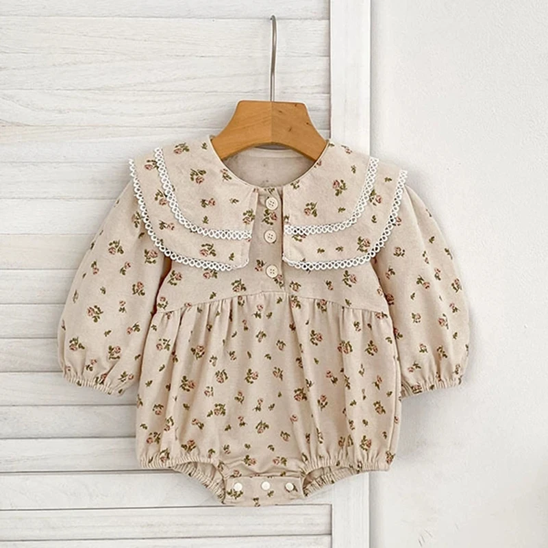 Autumn 0-24M Newborn Romper Infant Baby Girls Clothing Princess Muslin Lapel Floral Rompers Kids Onepiece Fashion Baby Clothing
