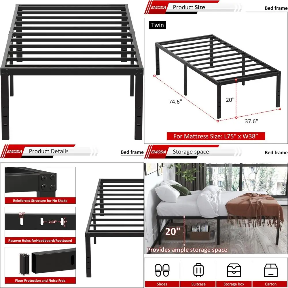 EMODA Marco de cama doble de 20 pulgadas No necesita somier, marcos de cama de plataforma doble de metal alto y resistente con gran espacio de almacenamiento, Nois