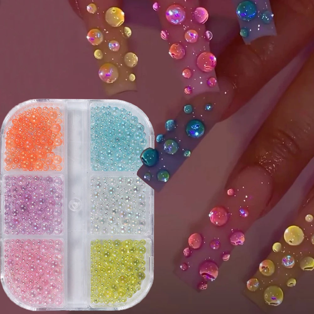 1Box Candy Macaron Glass Crystal Bead Nail Charms Aurora Mermaid Flatback Bubble Beads Nail Art Decorations DIY Manicure Accesso