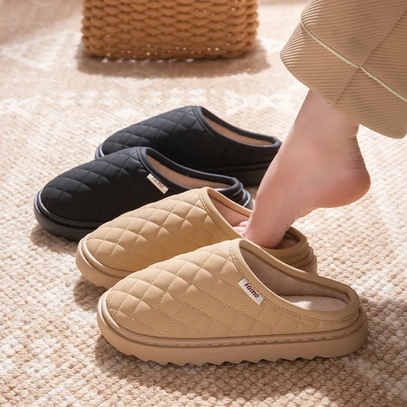 

Зимние мужские утолщенные теплые плюшевые хлопковые тапочки на толстой подошве, пуховые плюшевые водонепроницаемые женские нескользящие пушистые меховые тапочки для спальни