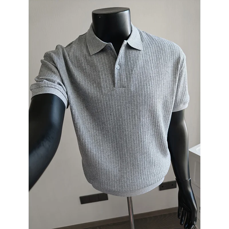 

Summer Ice Silk Knitted Short Sleeved Polo Shirt Men Fashion Solid Color Lapel Casual T-shirts Elastic Business Social POLO TEE