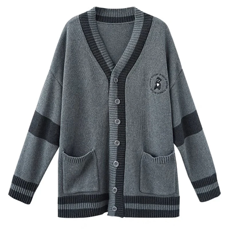 Korean American Academy Style Grey Sweater Cardigan Women's Cotton V-Neck Button Pocket Oversize Knitted Sweater JK School Girl