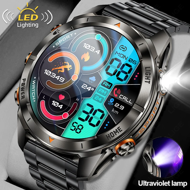 

2025 New Sports Smart Watch Men 1.46" AMOLED Screen LED 3ATM Waterproof Flashlight 515mAh Battery Heart Rate BT Call Smartwatch