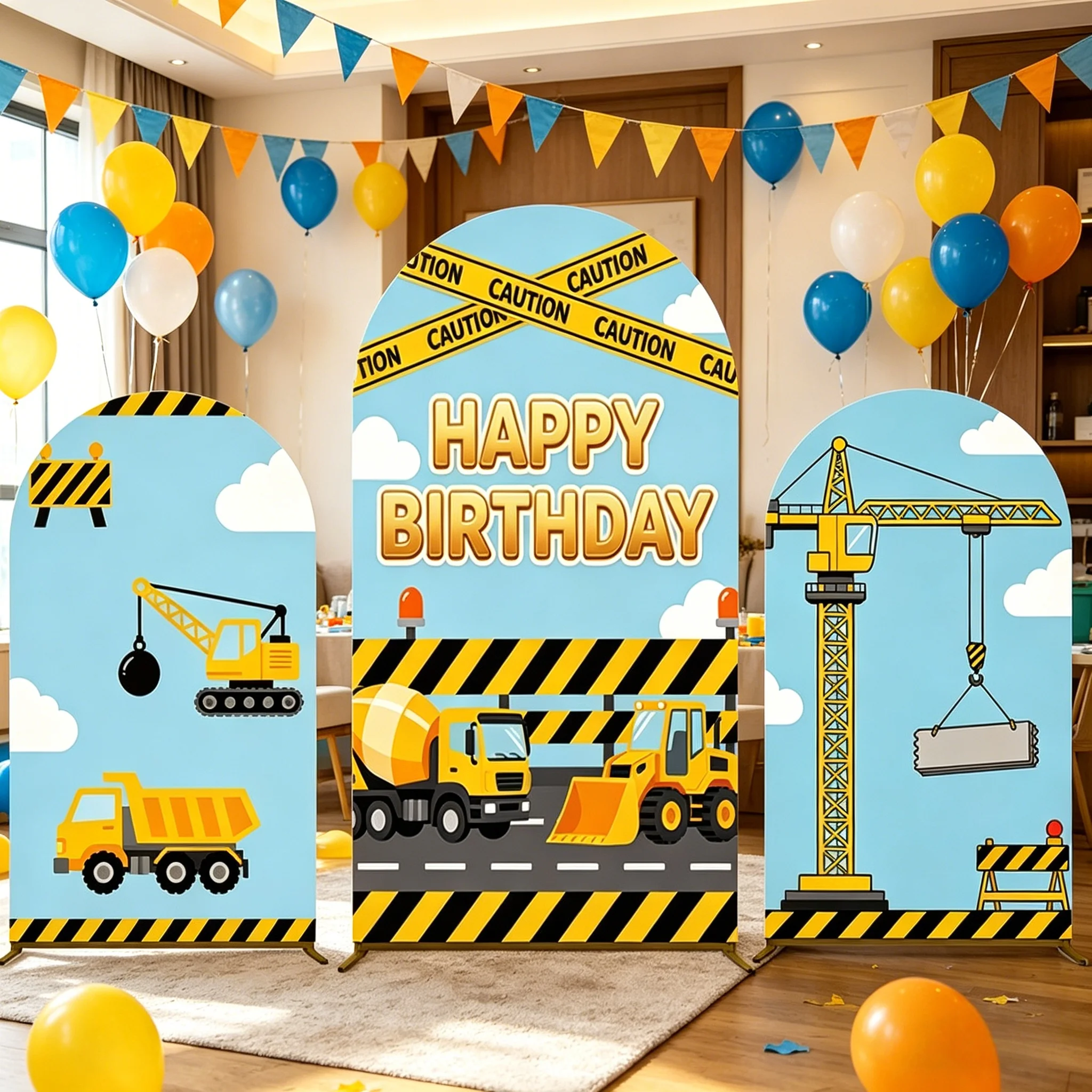 Construction Truck Arch Backdrop Cover Crane Excavator Cement Mixer Boy Kids Birthday Construction Themed Party Decor Background
