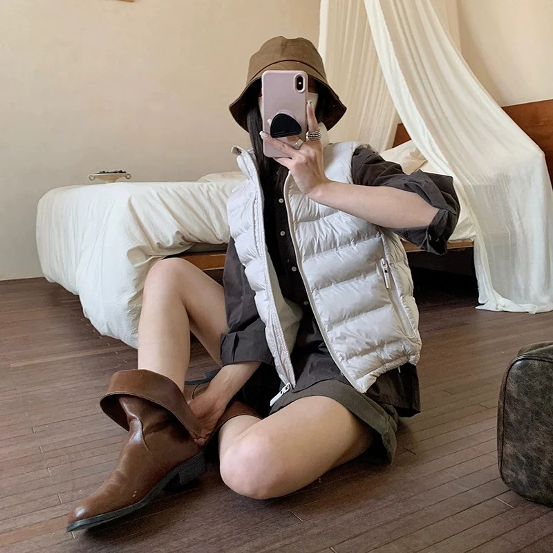 New Autumn Winter Down Cotton Women's Vest Korean Loose Girl's Versatile Stand Collar Vest Coat Leisure Time Outdoors Black