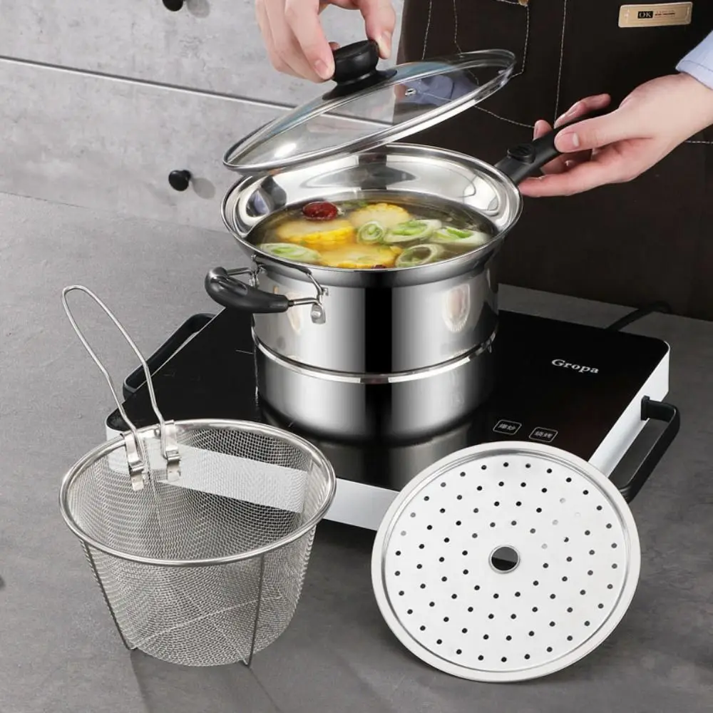 

Kitchen Cookware Stainless Steel Deep Fryer Pot Visible Lid with Frying Basket and Steamer Pasta Pot Japanese Stockpot Soup
