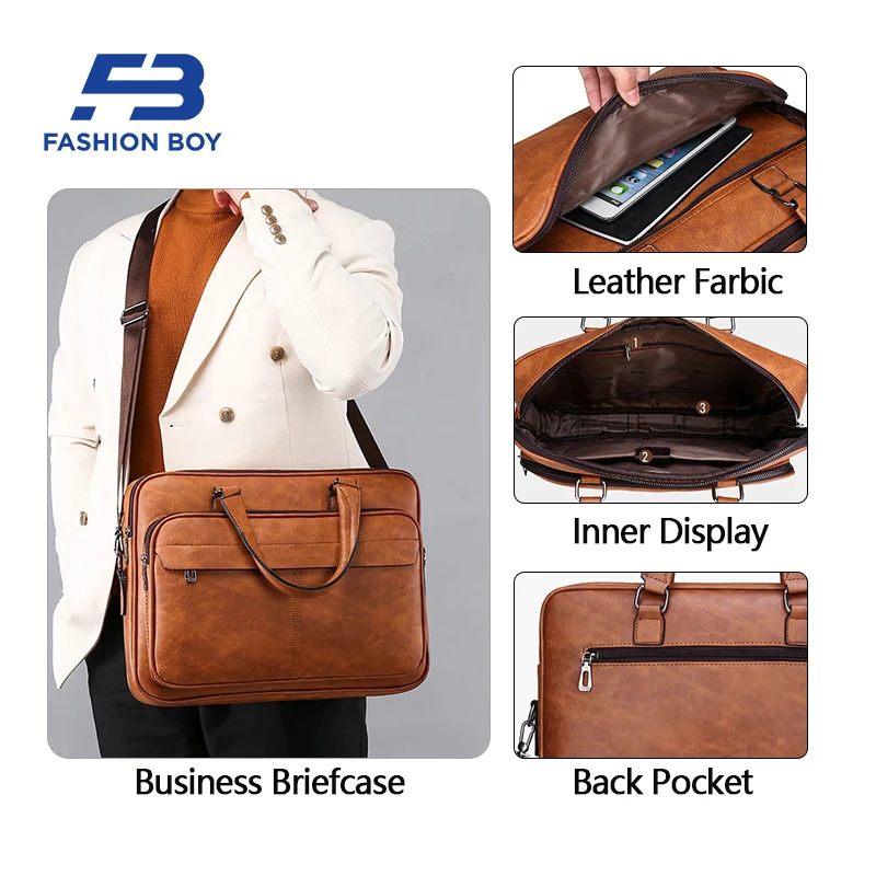 [FASHION BOY] Luxury Designer Brand Briefcase 14-inch Laptop Bags Leather Handbag Men