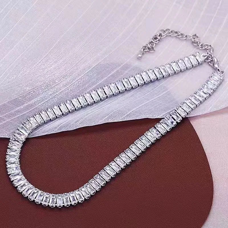 FEEHOW Iced Out Bling Princess Cut Square Cubic Zirconia Tennis Chain 3A CZ Paved Choker Necklace Women Wedding Jewelry