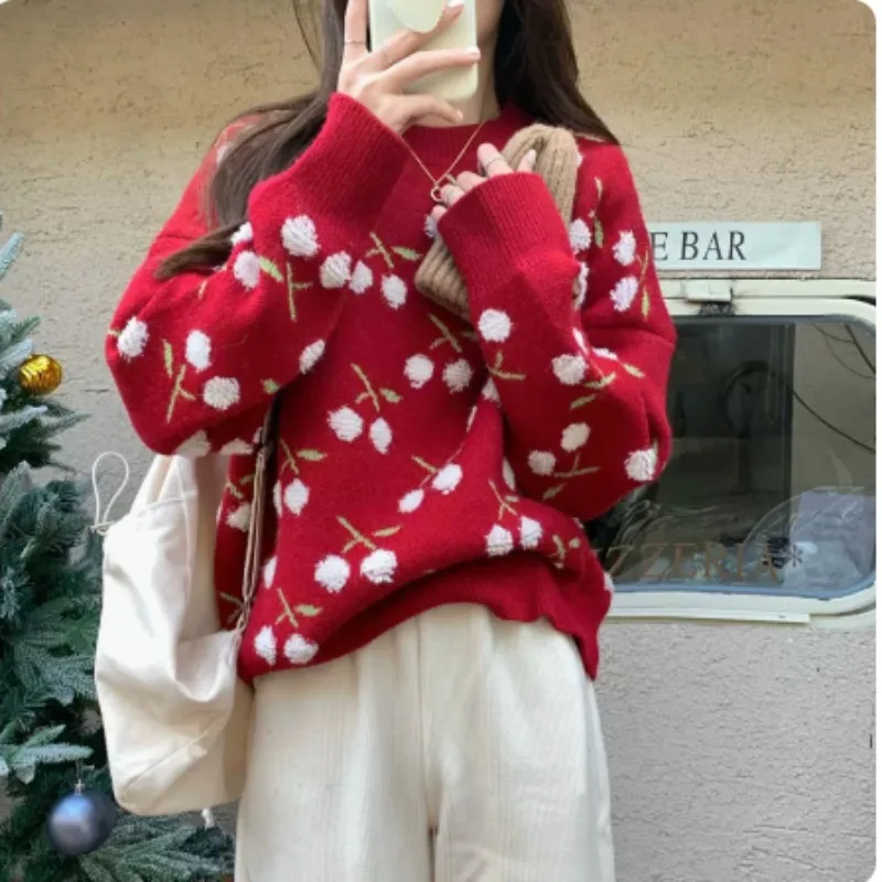 GAODINGLAN Autumn Winter Loose Round Neck Sweaters Women Long Sleeve Large Size Knitted Pullovers Lazy Cherry Print Sweater Tops