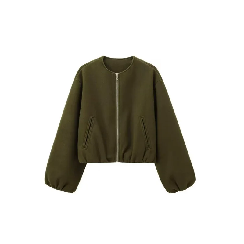Women's Crew Neck Cropped Bomber Jacket Zip Up Drop Shoulder Puff Sleeve Casual Streetwear Outwear