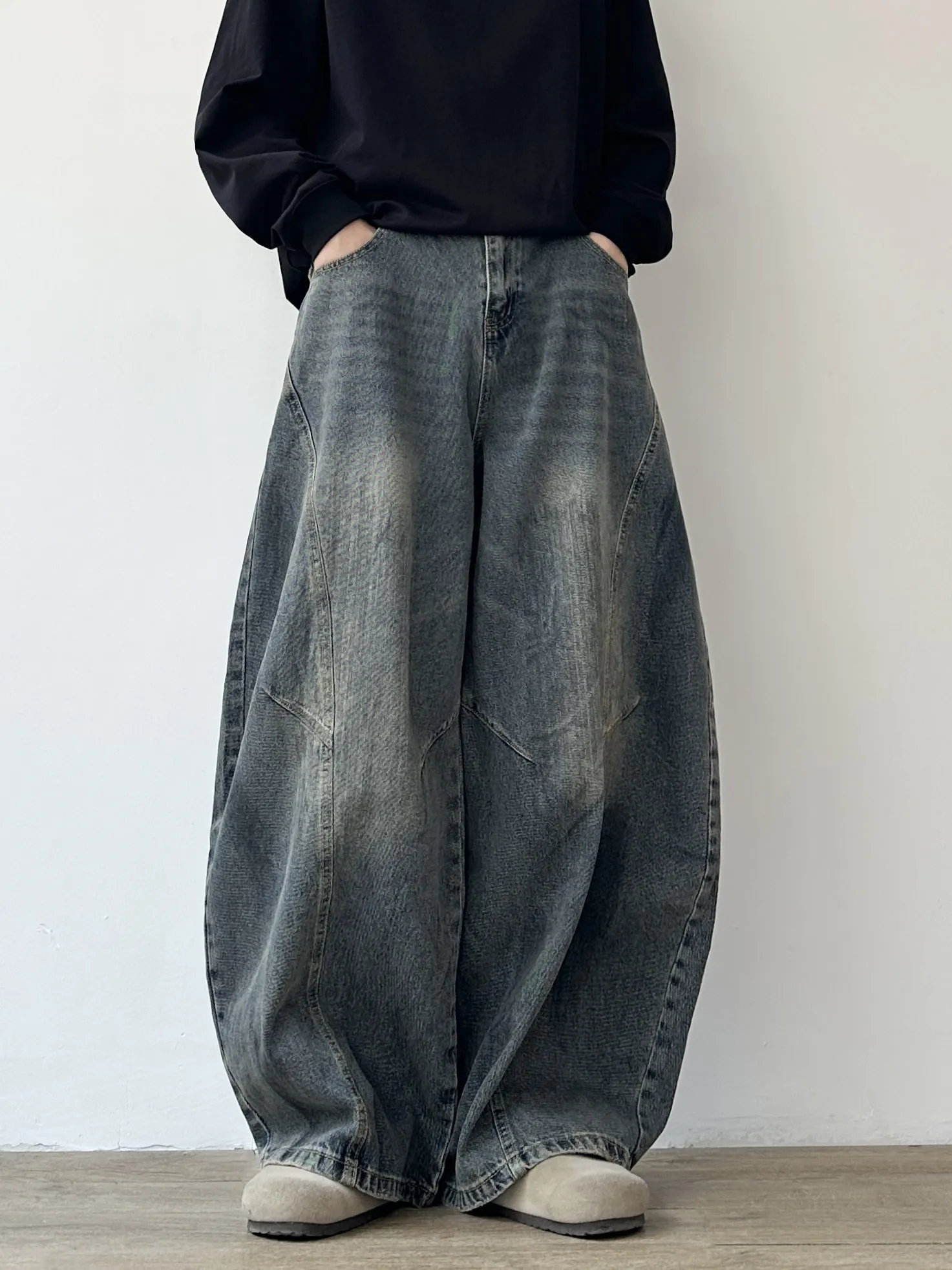 American High Street Retro Deconstructed Washed Banana Knife Pants Men Loose Straight Casual Wide Leg Jeans Long Trousers