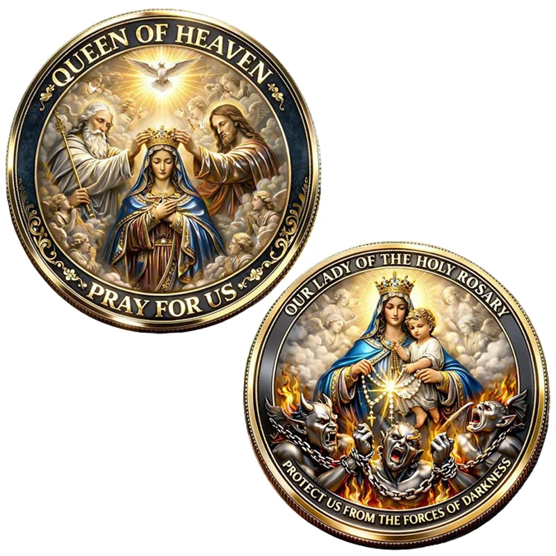 1pc Catholic Queen of Heaven Pary for Us Commemorative Coin Our Lady of the Holy Rosary Devotional Souvenir Coin Religious Gifts