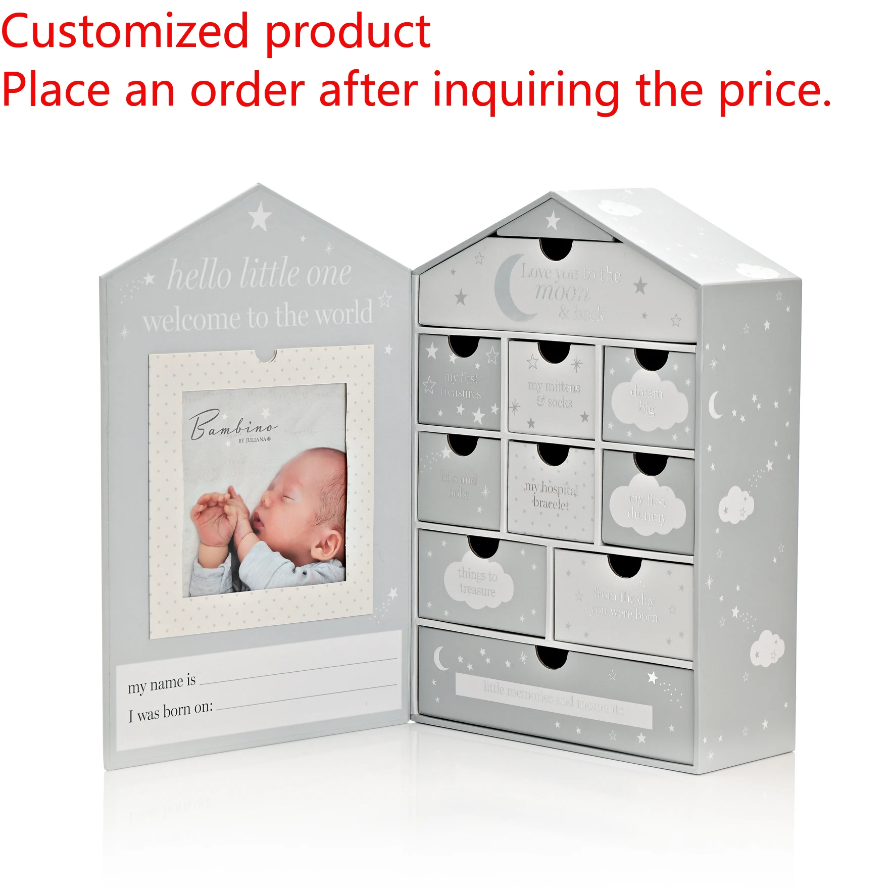 

2025.Hard Paper Newborn Memory Baby Shower Gift Box with Drawer Custom Printing Baby Keepsake Calendar Box