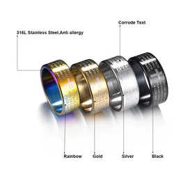 Stainless Steel Black Colorful Jesus Cross Ring Letter Bible Prayer Finger Rings For Men 8mm Amulet Jewelry Anillos Mujer