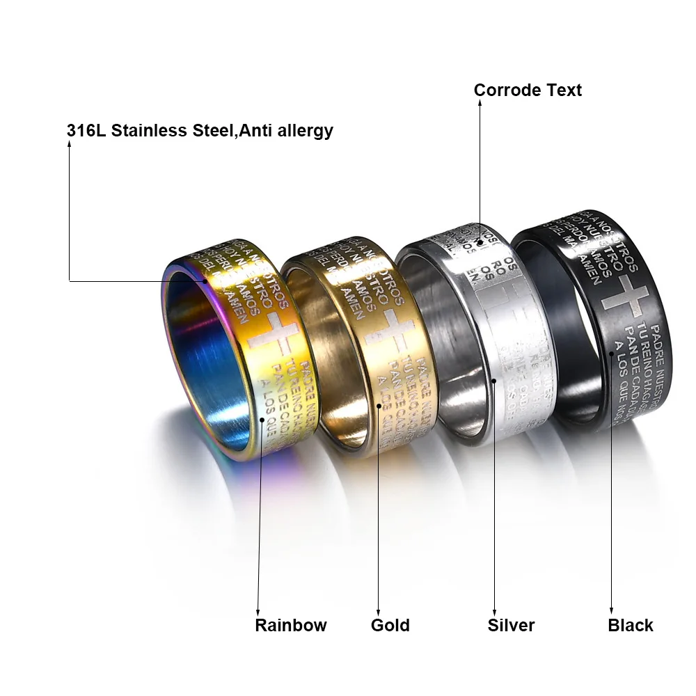 Stainless Steel Black Colorful Jesus Cross Ring Letter Bible Prayer Finger Rings For Men 8mm Amulet Jewelry Anillos Mujer