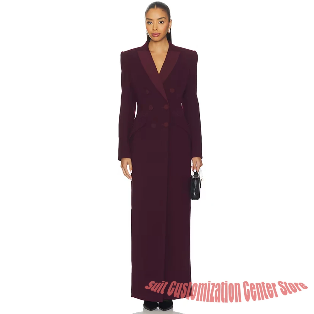 Elegant Burgundy Long Trench Coat Women's Double Breasted Peaked Lapel Formal Occasions Outfit Elegant Evening Party Outerwears