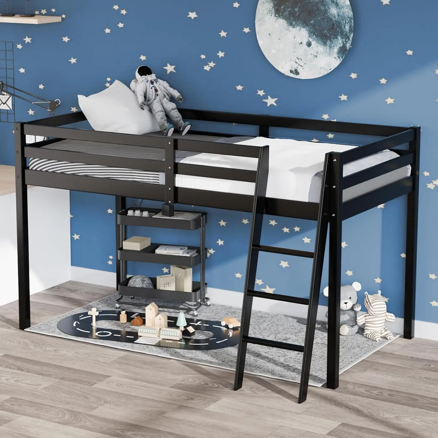 47'' Tall Junior Low Loft Bed with Stairs, Wood Loft Bed Twin Size for Adults, Kids and Young Teens, No Box Spring Required