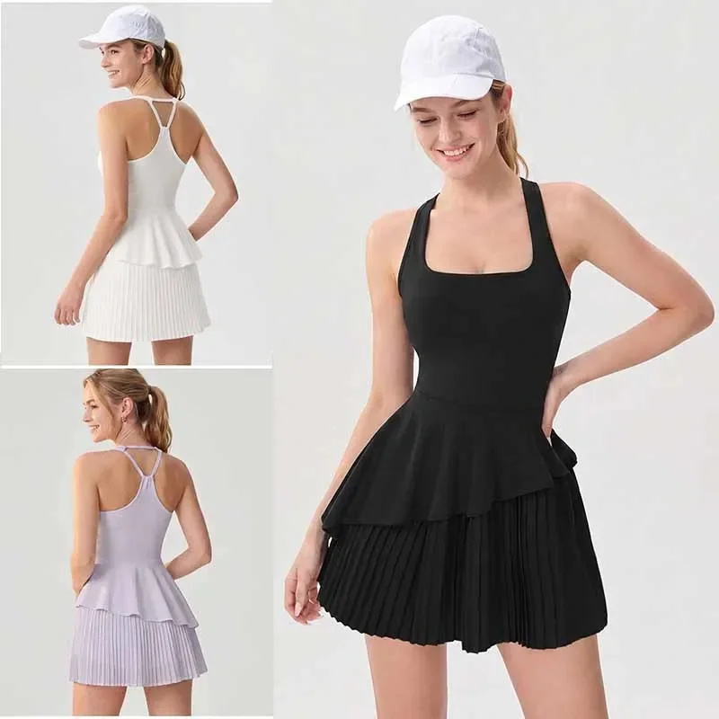 SharpStar Women's Tennis Dress Built-in Bra U-Neck Double Layer Golf Yoga Dress Quick Dry Sports Pickleball Dress with Shorts XL