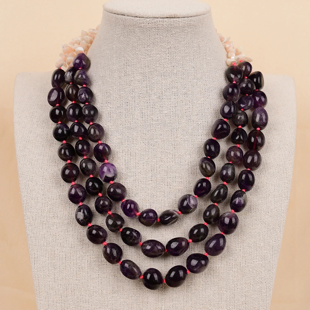 APDGG NO116 Handmade 3 Rows Natural Mix Stone Amethyst Quartz White Shell Gems Multi Strands Necklace