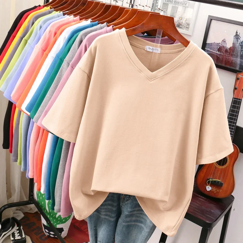 EBAIHUI Plus Size T Shirt Solid V Neck Tshirt 100% Cotton L-4XL Short Sleeve Women's Top Basic Summer Couple Oversized T Shirts