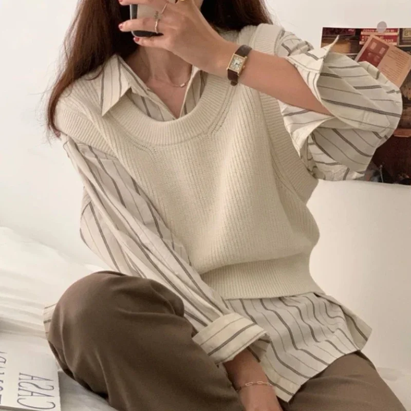 Shirts Women Spring Daily Leisure Striped Simple Single Breasted Soft Vintage Fashion Korean Style Elegant Sweet All-match Teens