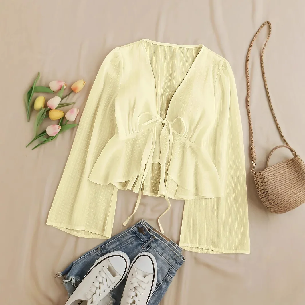 

NICE Elegant Simple Fashionable Long Sleeve Shawl Collar Cardigan Women's Shirt Chiffon Belted Versatile Top For Spring Autumn