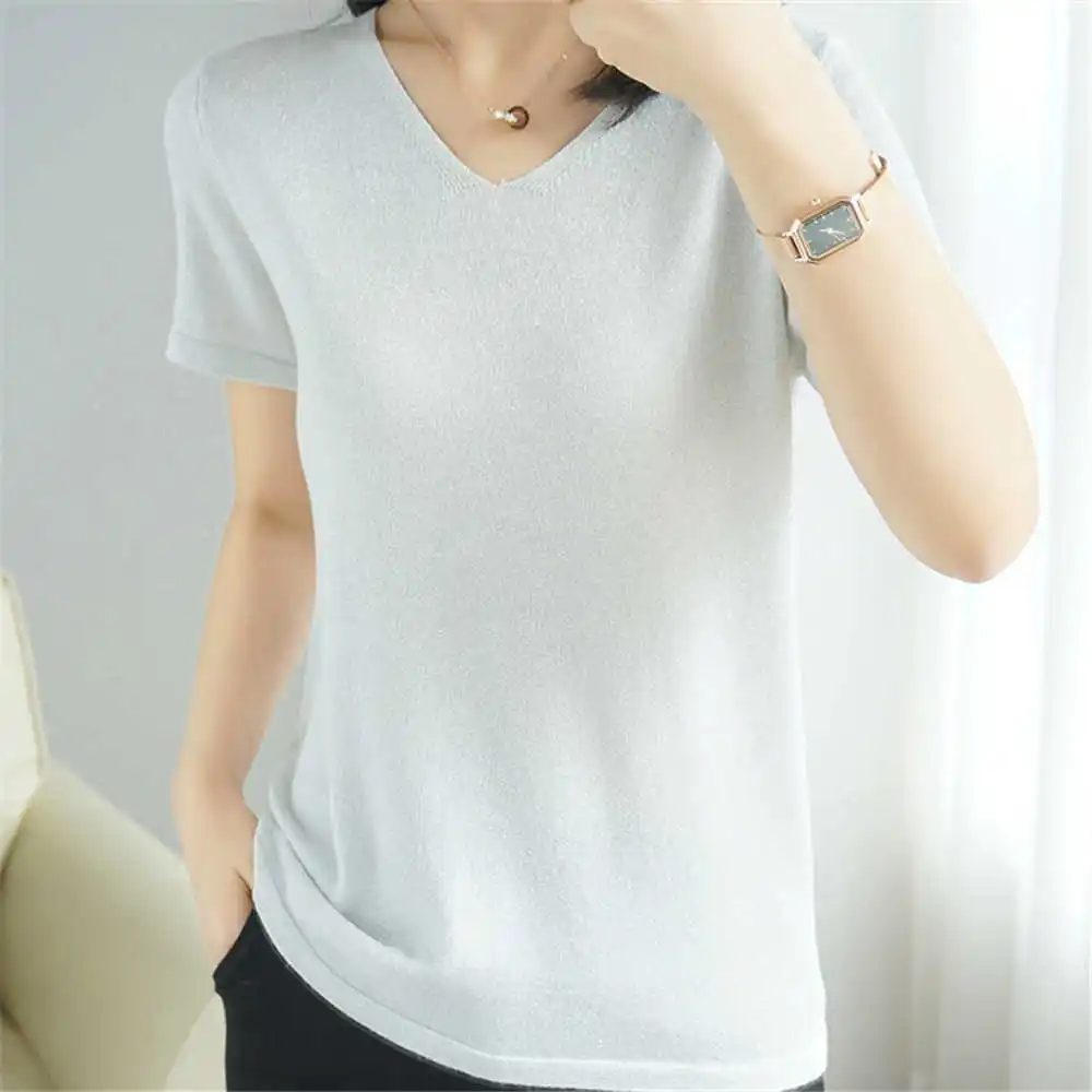 Ailaile Summer Tops New Ice Silk Short Sleeve Sweaters T-shirt Women\'s Loose V-Neck Thin Simple Bright Sequin Knitted Pullover