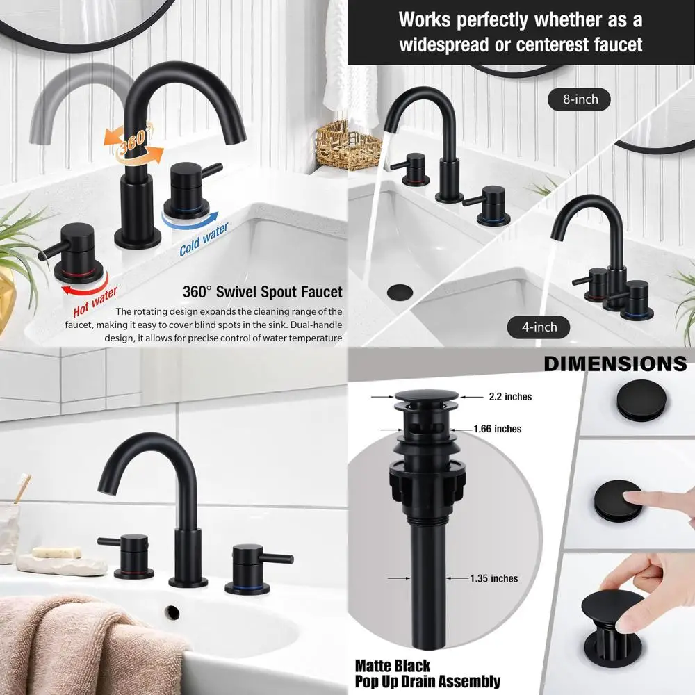 

3-Hole Black Bathroom Sink Faucet with Swivel Handles and Pop-Up Drain, 8-Inch Widespread