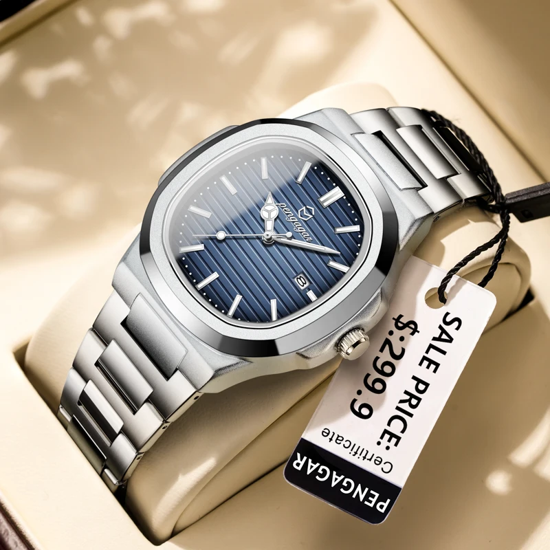 

Роскошные мужские часы PENGAGAR из нержавеющей стали, водонепроницаемые, светящиеся, с указателем даты и дня недели, модные повседневные кварцевые часы для мужчин, Reloj